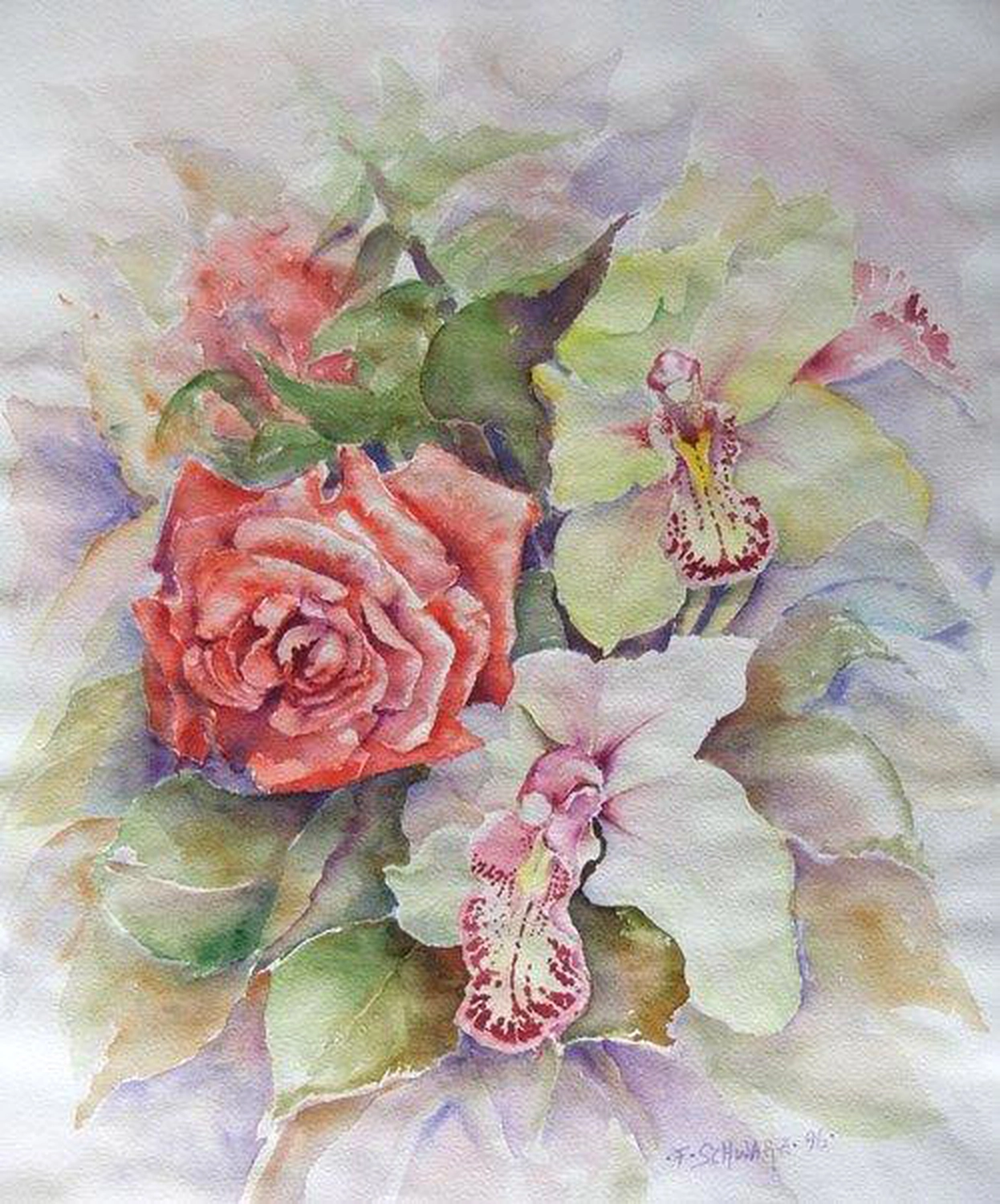 Künstler - Malerei - "Blumenstrauß" . Aquarell . 52 x 68 cm