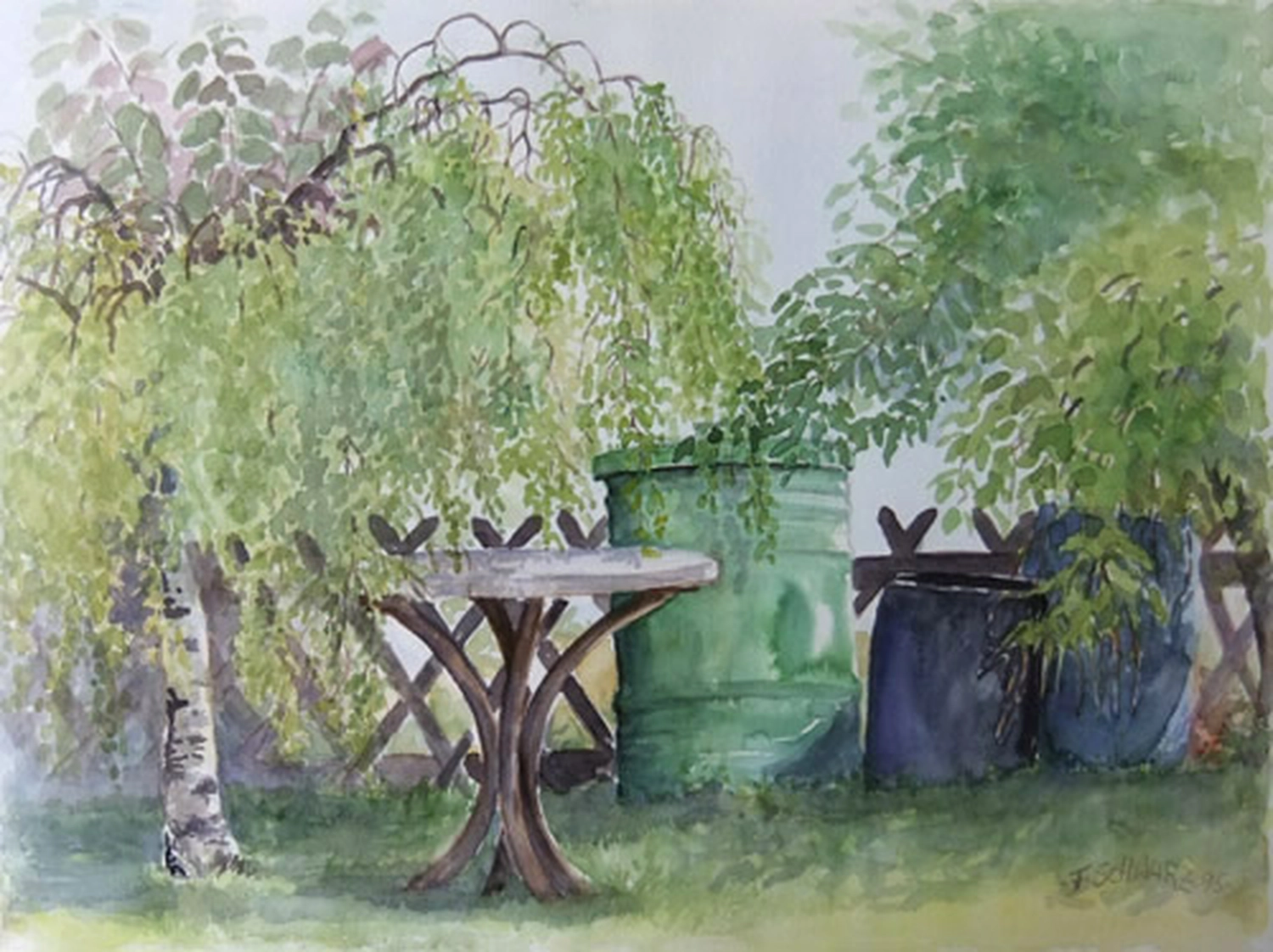 Künstler - Malerei - "Im Garten" . Aquarell . 50 x 40 cm