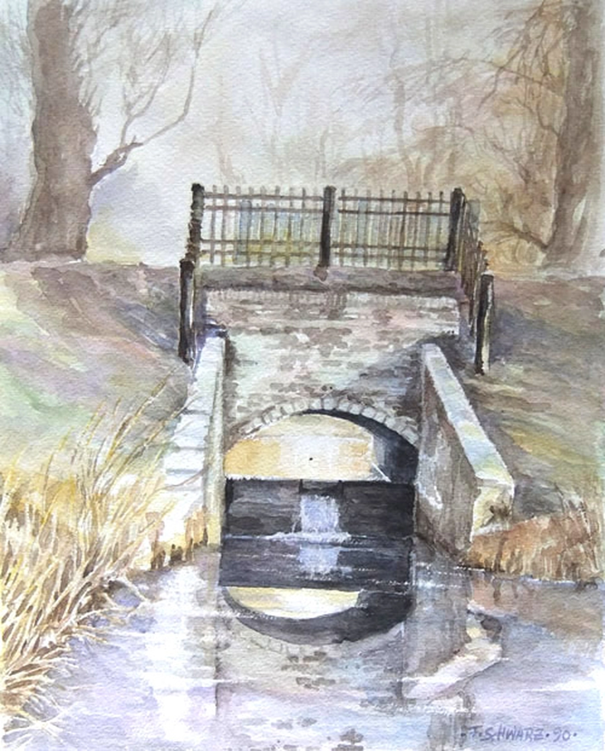 Künstler - Malerei - "Moersbach" . Aquarell . 30 x 42 cm